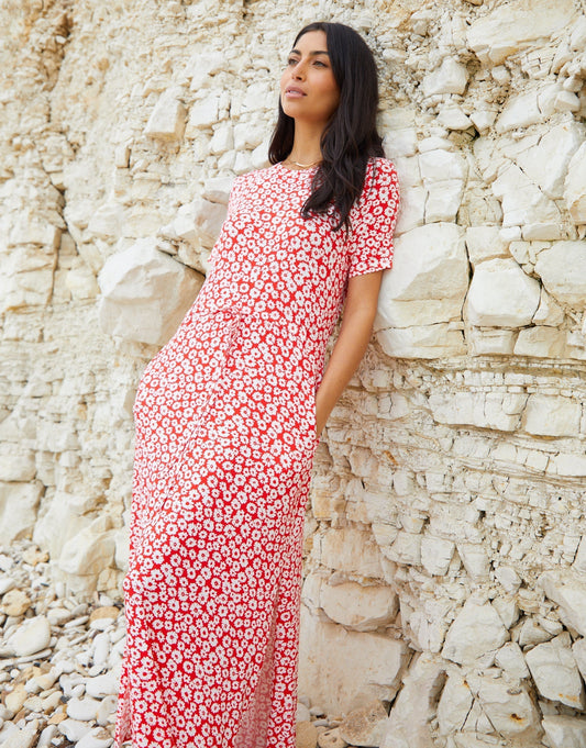 Women's Red Floral Ruched Waist Jersey Midi Dress with Pockets