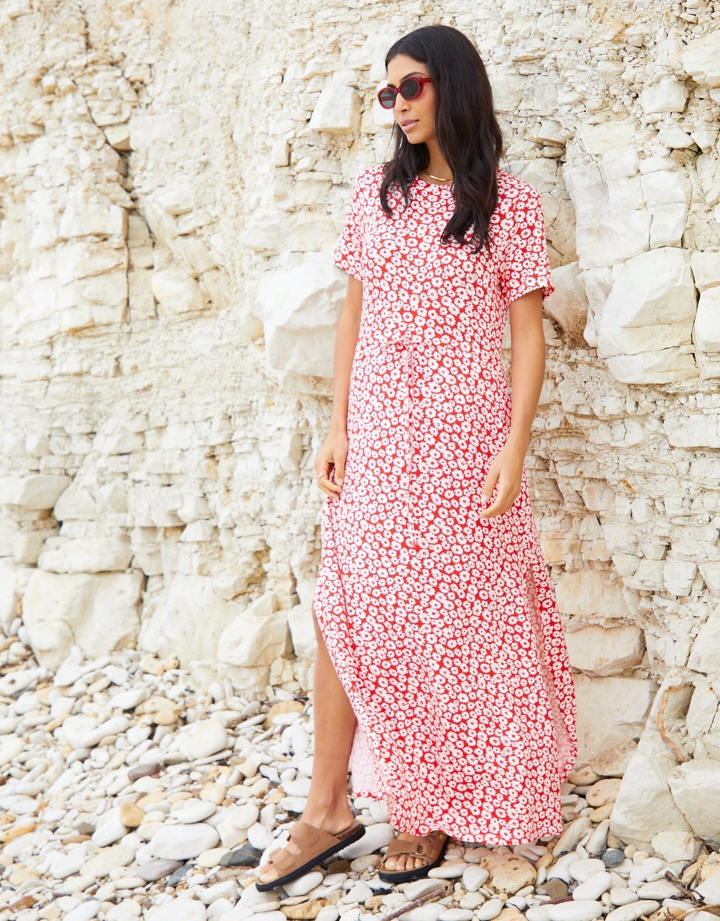 Women's Red Floral Ruched Waist Jersey Midi Dress with Pockets