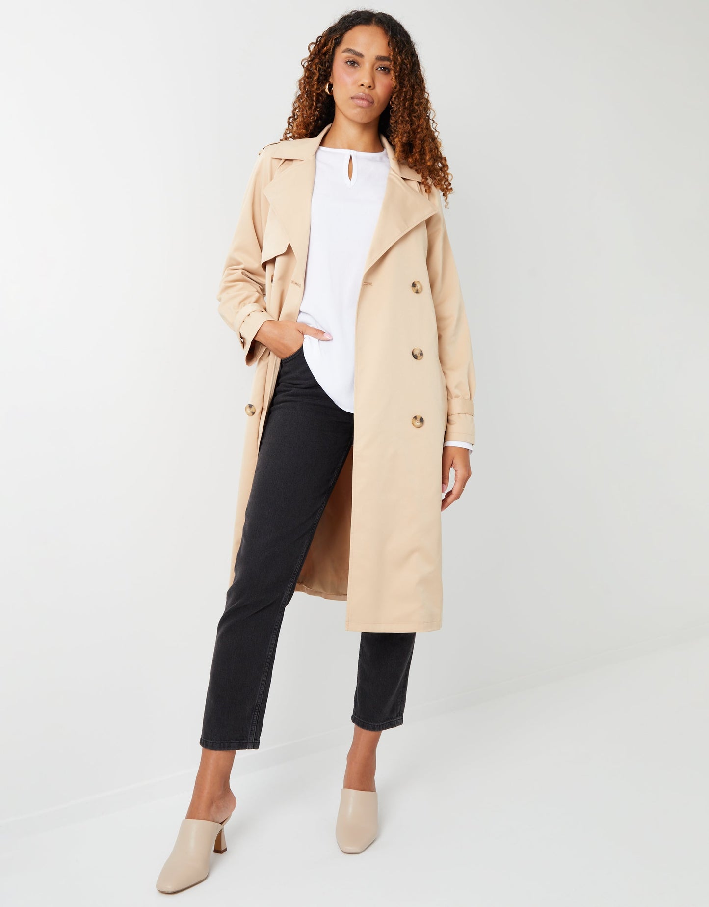 Women's Stone Double Breasted Trench Coat