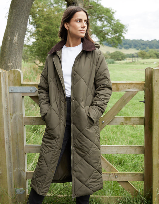 Women's Khaki Diamond Quilted Heritage Longline Barn Jacket with Removable Hood