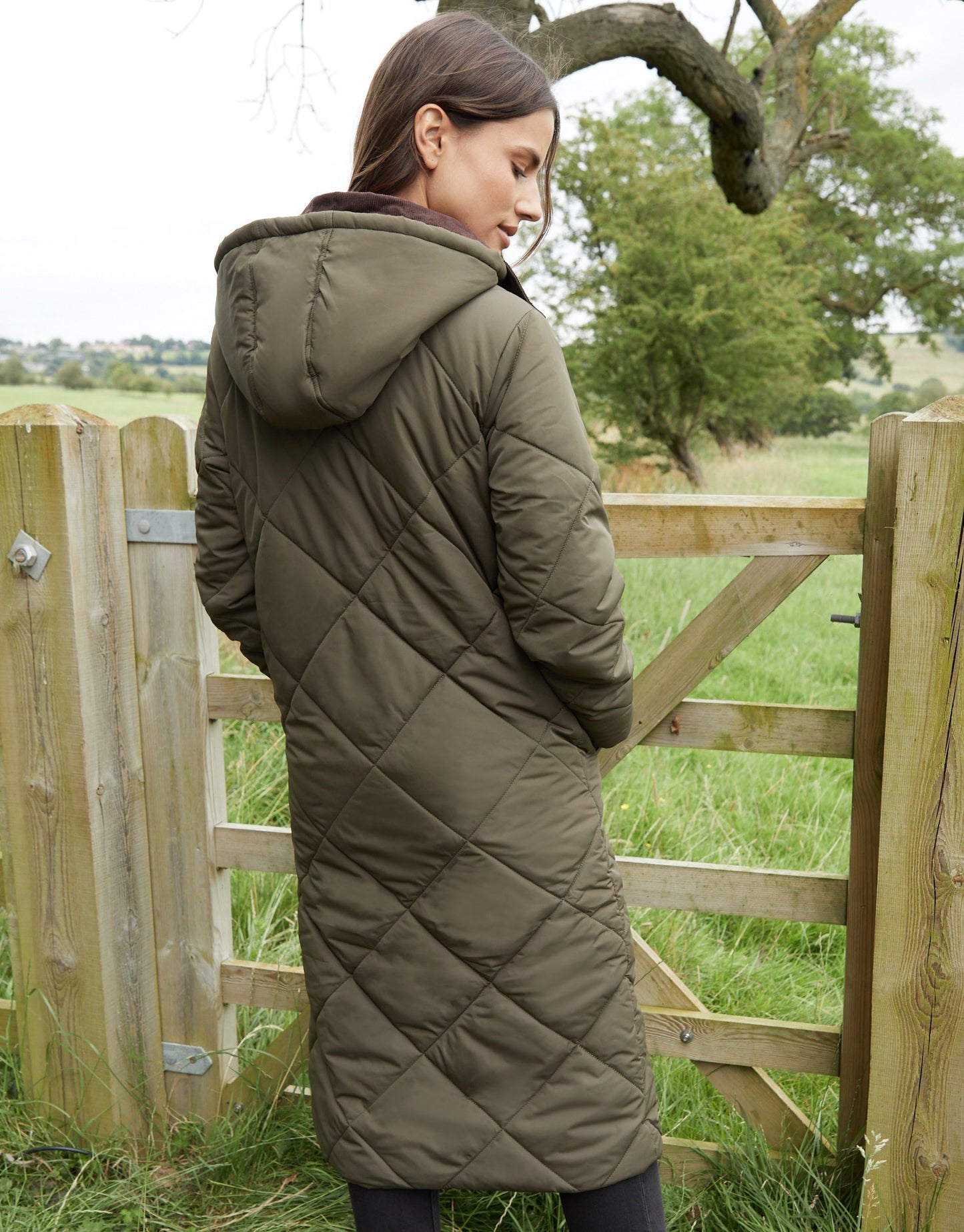 Women's Khaki Diamond Quilted Heritage Longline Barn Jacket with Removable Hood