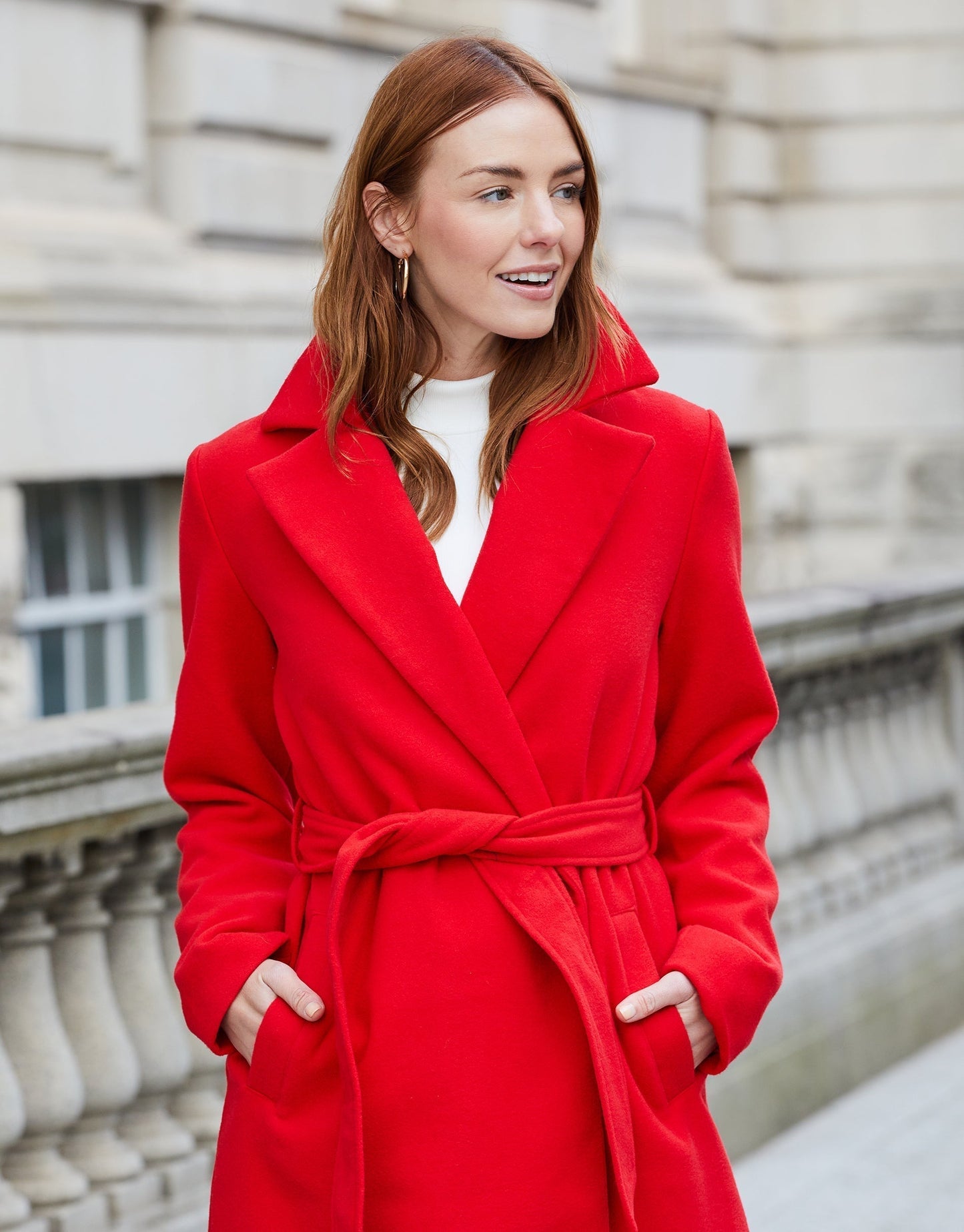 Women's Red Collared Belted Formal Coat